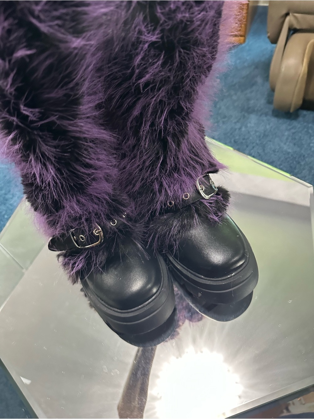 Faux Fur Azalea Wang Purple Knee-High Combat Boots fur Women 12 - Picture 4 of 10